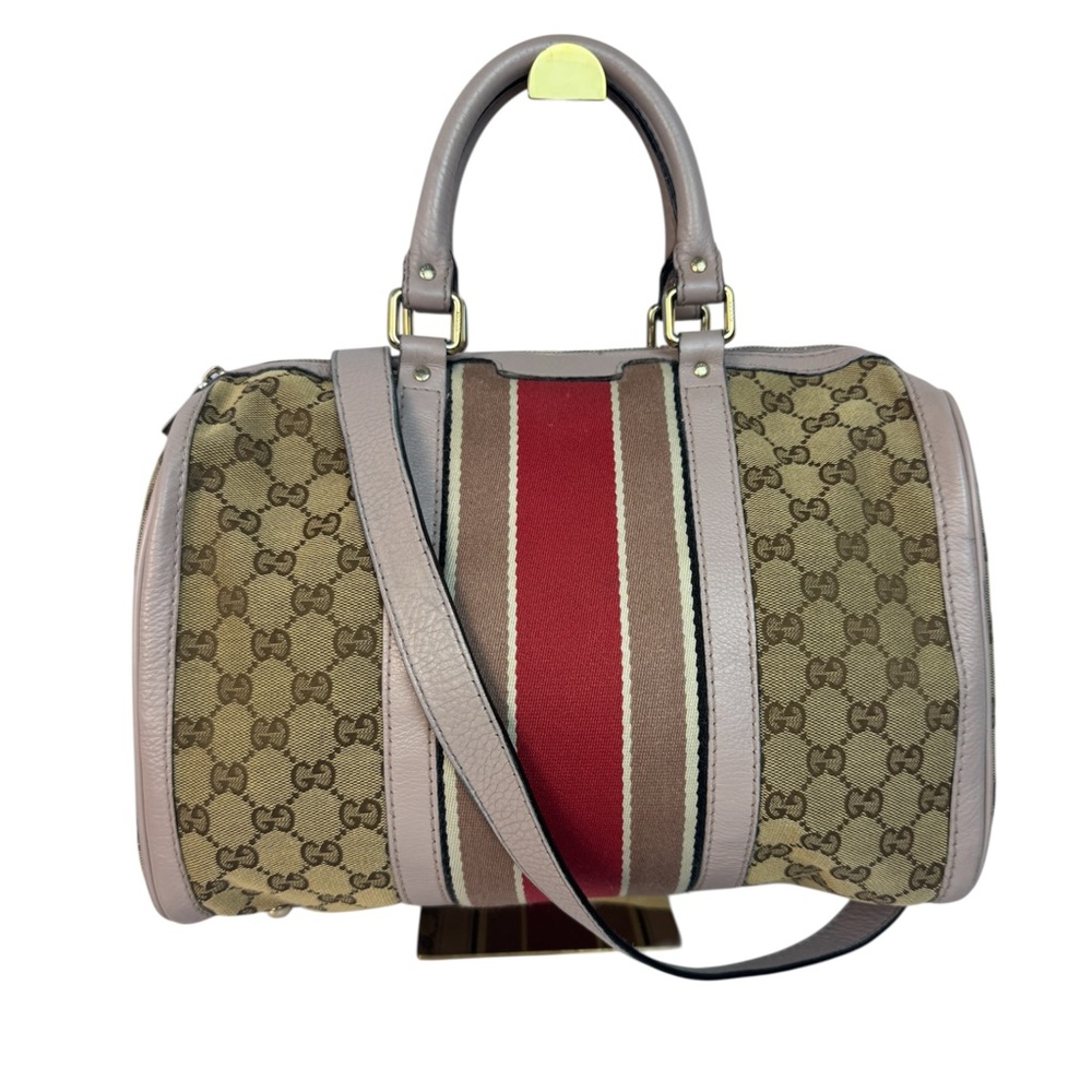 Gucci Canvas Satchel with Pink Trim and Red Stripe